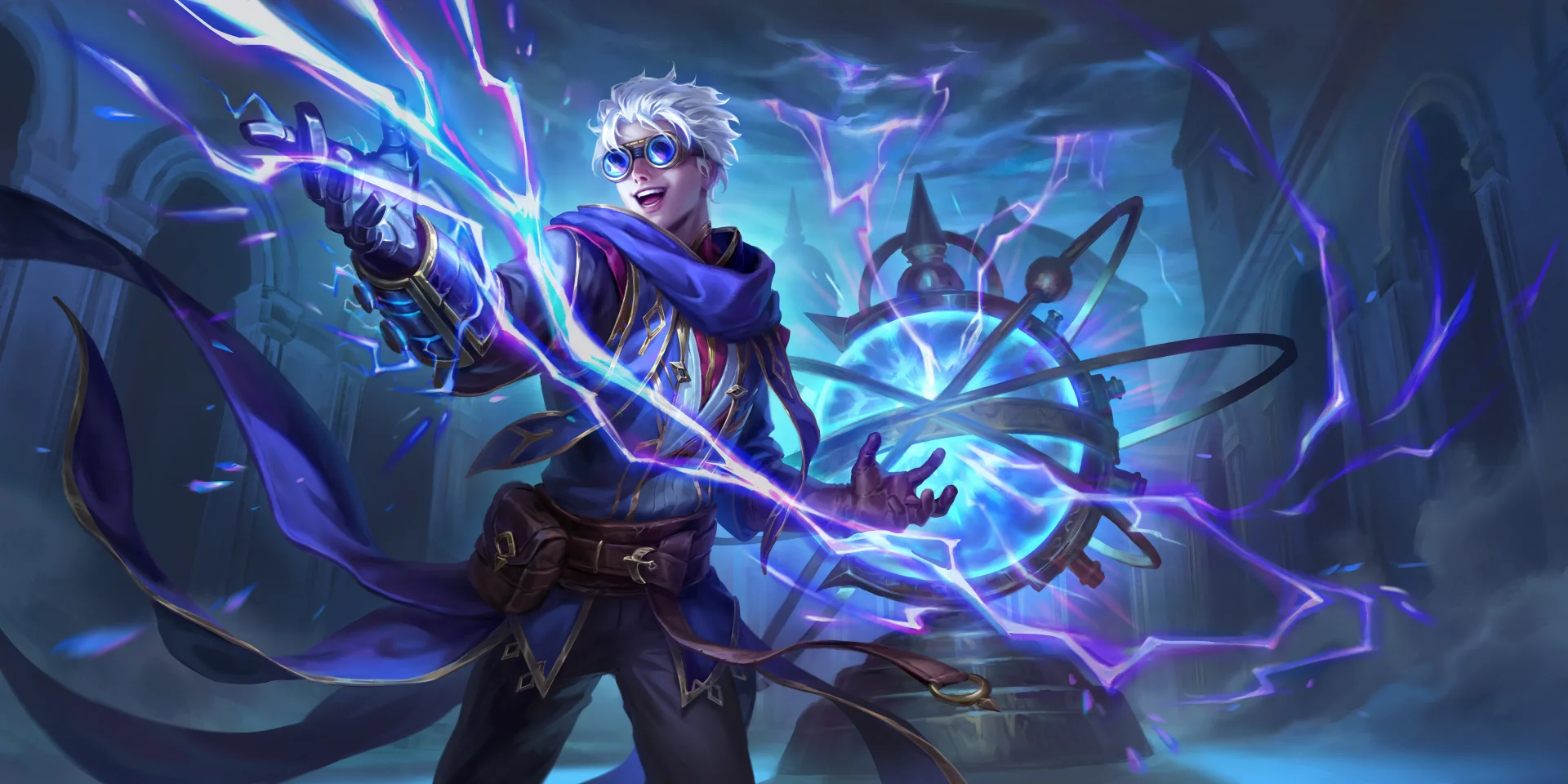 The Order of Arcanium key art: a goggled young mage grinning as arcane lightning arcs between his hands and a great brass orrery