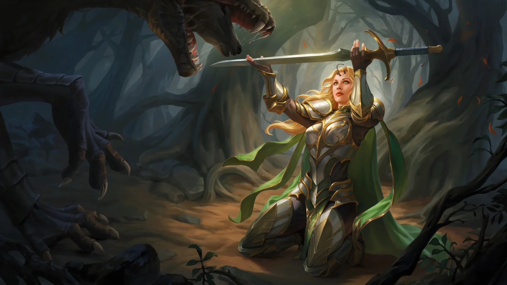 The Thorn key art: a kneeling knight in gold-trimmed plate and a green cloak raising her sword against a beast lunging from a dark wood