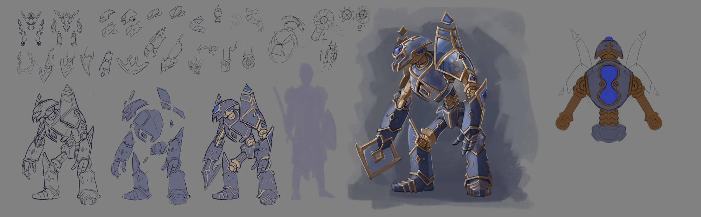 Order minion concept sheet with blue glass-like armor, gold frames, mechanical joints, and a rear-view study