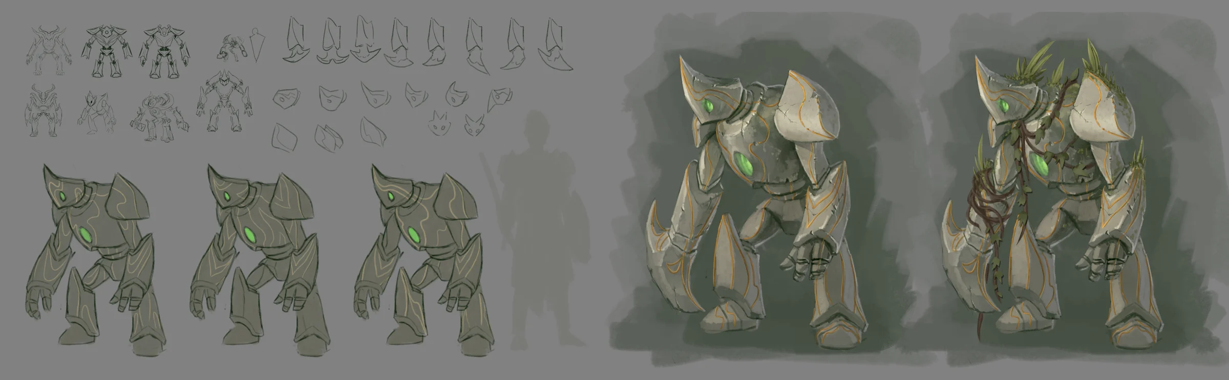 Thorn minion concept sheet with silhouette studies, armor variations, and painted stone and vine designs