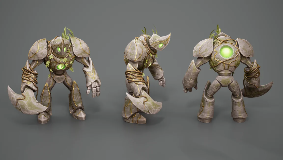 Thorn minion model before final polish, shown from the front, side, and back, with stone armor, vines, and glowing green cores